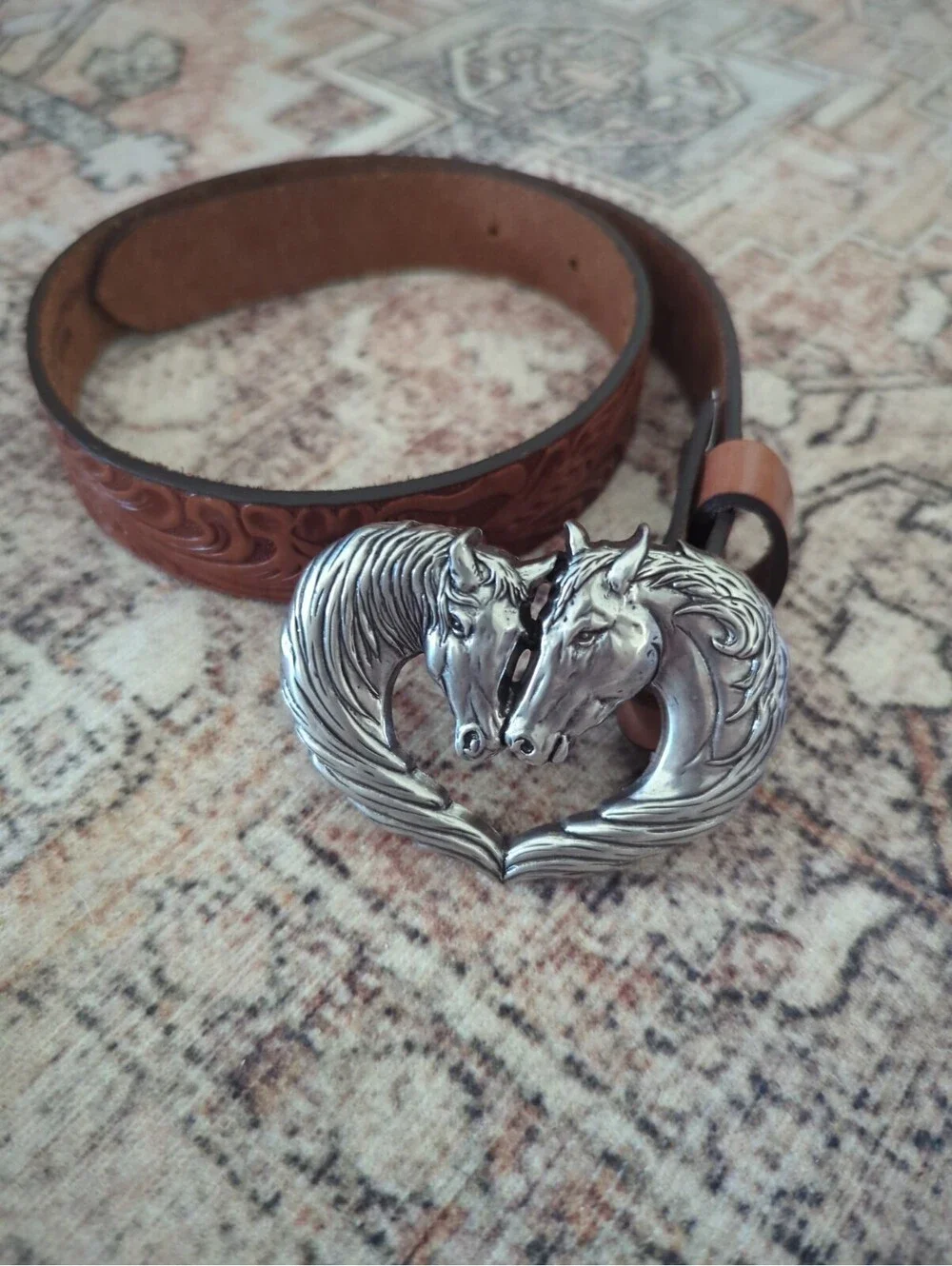 Justin Girl’s Twin Horse Western Belt Tooled With Silver Tone Buckle 20 09/21